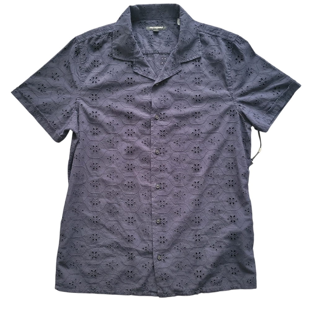 KARL LAGERFELD PARIS Men's Floral Eyelet Navy Shirt M